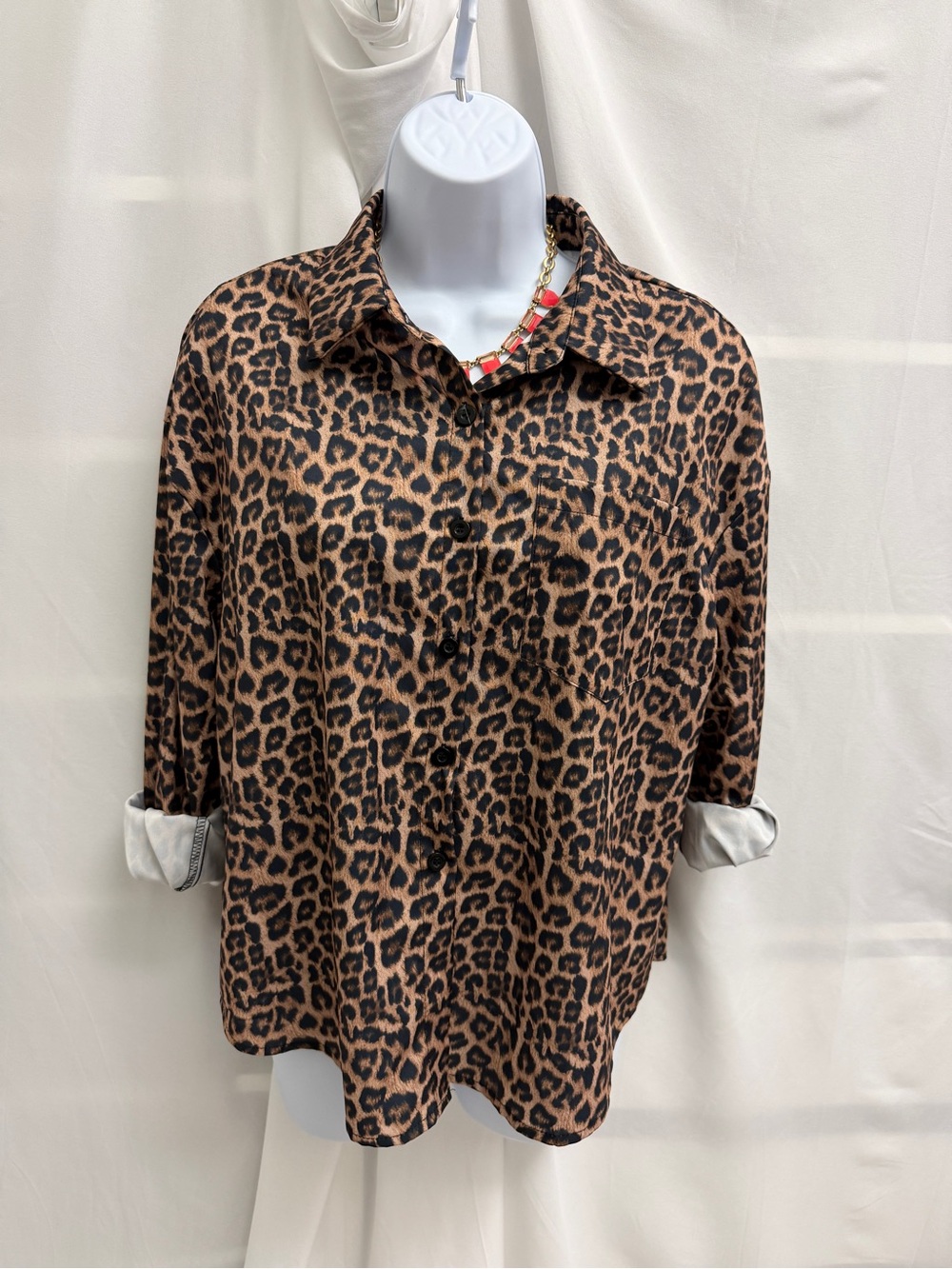 Shein Leopard Print Button Down Shirt Brown Cheetah Animal Print Top Long Sleeve